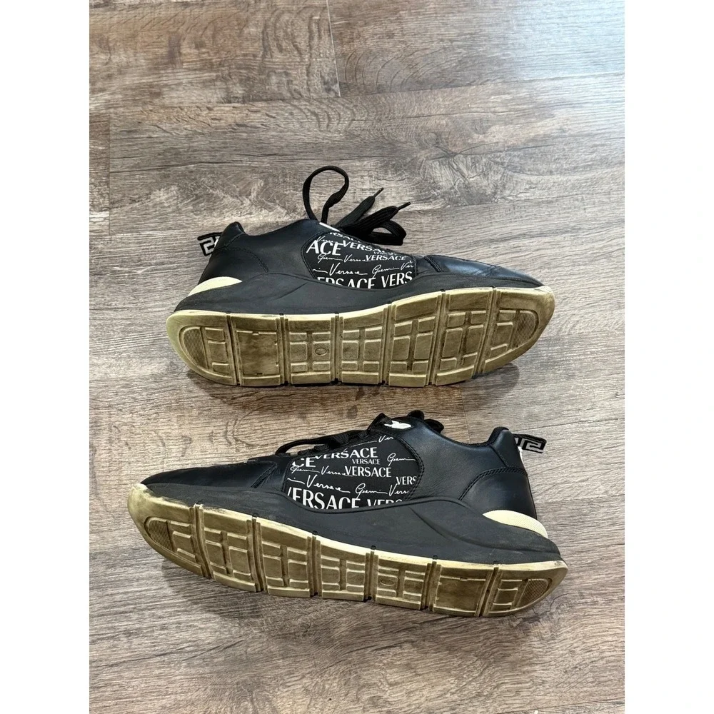 Versace Mens Black Logo Print Leather Low Top Sneakers Medusa Head EU 43